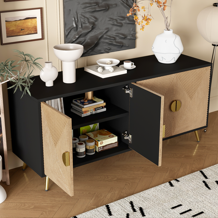 Sideboard, MDF/PB mit 4 Türen & Soft-Close, 160x40x75 cm, Schwarz/Holzfarben – Bild 4