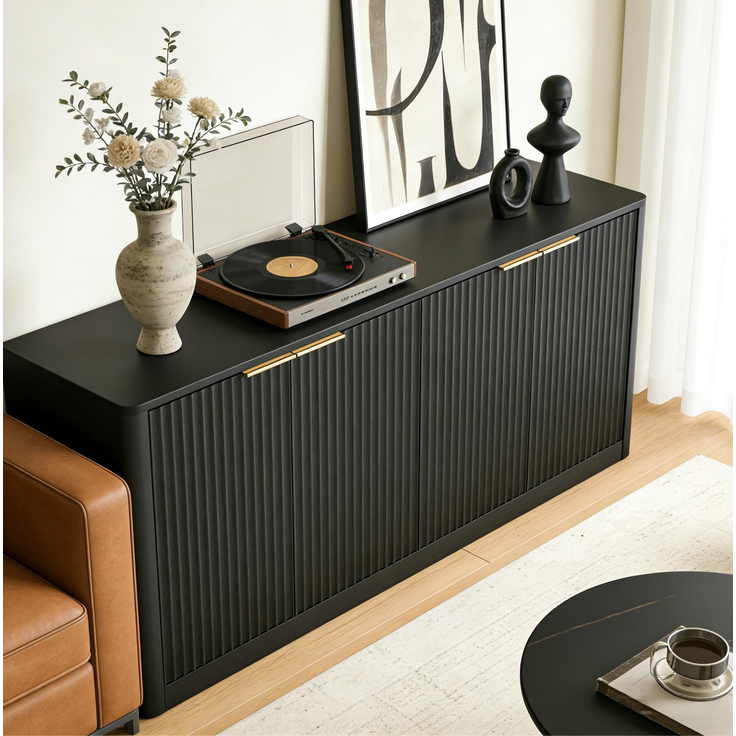 DESVIAE Sideboard mit 4 Türen 150x70,5x40 cm aus MDF Schwarz – Bild 4