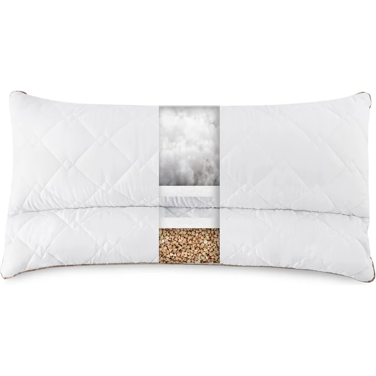 SEI Design Kopfkissen 40x80 mit Nackenrolle aus Buchweizenschalen, Bezug: 100% Polyester, Rückenschläfer, Seitenschläfer, gesteppt mit Nackenrolle – Bild 1