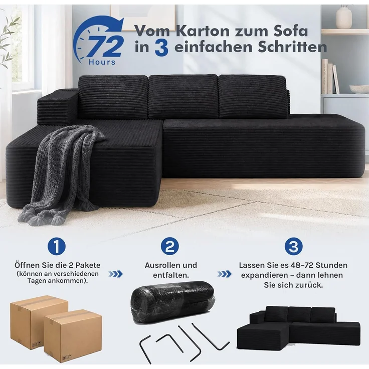 COMHOMA Ecksofa mit Schlaffunktion, 255cm Corduroy Modulares Boneless Couch mit Chaiselongue & Rücken-Metallgestell, L-Form Schlafsofa mit offenem Design, Kissen & Seitentaschen,für Wohnzimmer,Schwarz-R – Bild 14