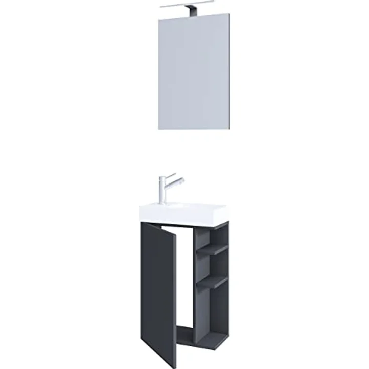 VCM Badmöbelset Lumia, 3-tlg. Gäste WC Set mit Waschbecken aus Keramik, Unterschrank mit Drehtür und Spiegel, H. 70 x B. 40 x T. 22 cm – Bild 3