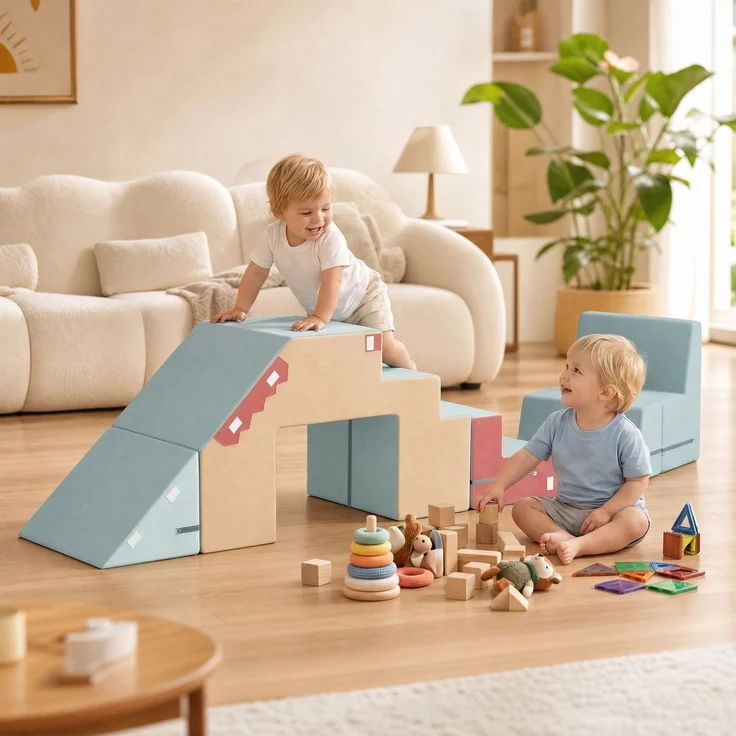2-teiliges Schaumstoff-Bausteine ​​​​für Kleinkinder mit abnehmbaren Bezügen, Indoor-Kletter- und Krabbelspielset, Blau--Mehrfarbig--44x39x79cm--CHENHAONING – Bild 3