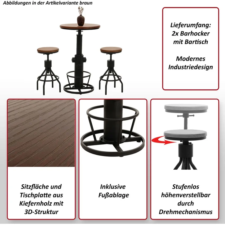 Set Bartisch + 2x Barhocker HWC-N17, Barstuhl Stehtisch höhenverstellbar drehbar Fußablage Industrial Holz ~ braun – Bild 2