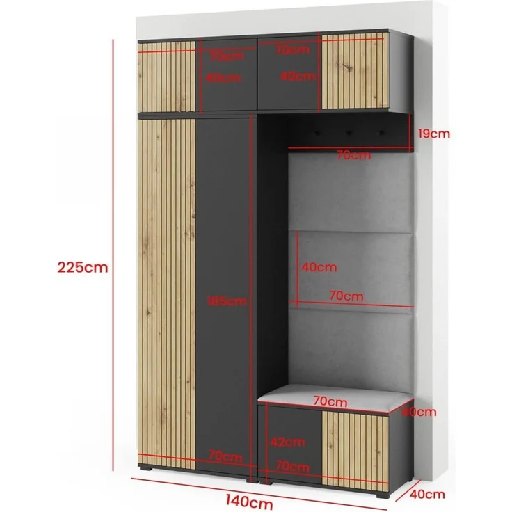 Garderoben-Set Rosario Version 3 mit Lamellen, Kleiderschrank mit Polsterplatten und Schuhschrank (Schwarz / Eiche Artisan, Trinity 05), 225 x 40 x 140 cm – Bild 2