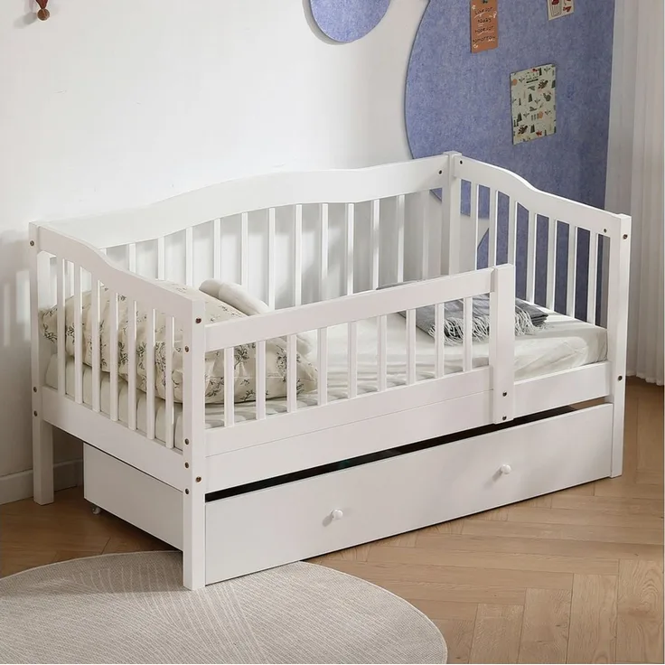LEADZM Kinderbett mit Schubladen 70x140 / 80x160 / 90x200cm, Hausbett mit Lattenrost, Bodenbett mit Stauraum und Abnehmbarer Barriere, Weiß
