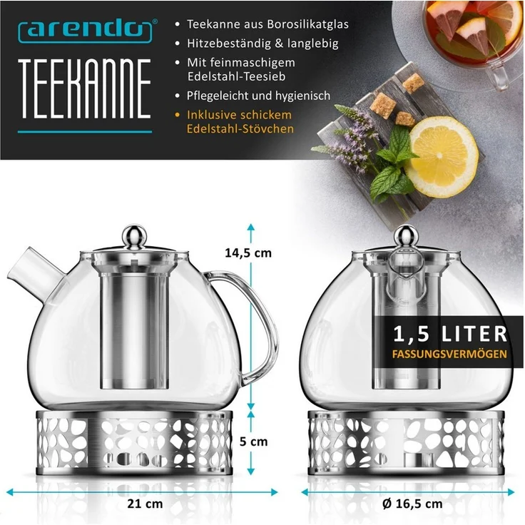 Arendo Teekanne Glas Teebereiter mit Stövchen, Früchtetee, Sieb für losen Tee, Kräuter, 1,5 l, (Set, 3-St, Rechaud, Glaskanne, Teesieb), Borosilikatglas, Tischkocher, Edelstahlsieb, hitzebeständig, Geschenk – Bild 2