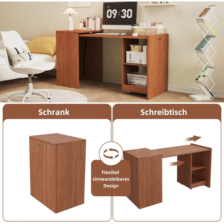 Flieks Klapptisch 126 x 55 x 75 cm, 2-in-1 Schreibtisch und Schrank mit 4 Fächern und Rollen, Nussbaumoptik – Bild 3