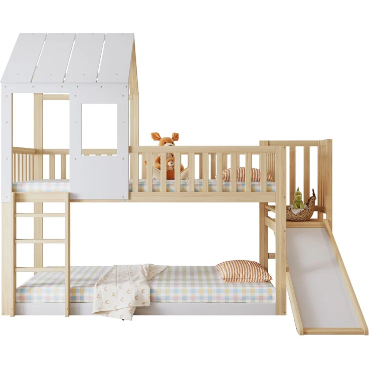 Merax Etagenbett mit rechtwinkliger Leiter und Rutsche, Hausbett mit Dach und Fenster, Kinderbett mit Fallschutz und Gitter, Rahmen aus Kiefer, Natur+Weiß (90x200cm) – Bild 10