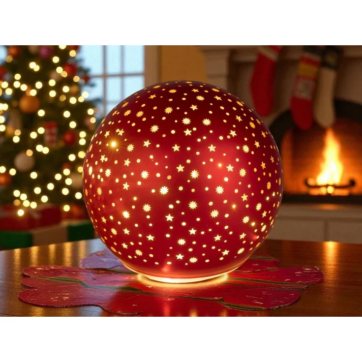 formano LED Deko-Kugel Drehend Rot 15 cm Glaskugel Timer 6h/18h Weihnachten Deko - mattes Farbglas mit Stern-Dekor - winterlichem Dekor - Herbst Winter Weihnachtsdeko für Tisch Regal Fensterbank – Bild 2