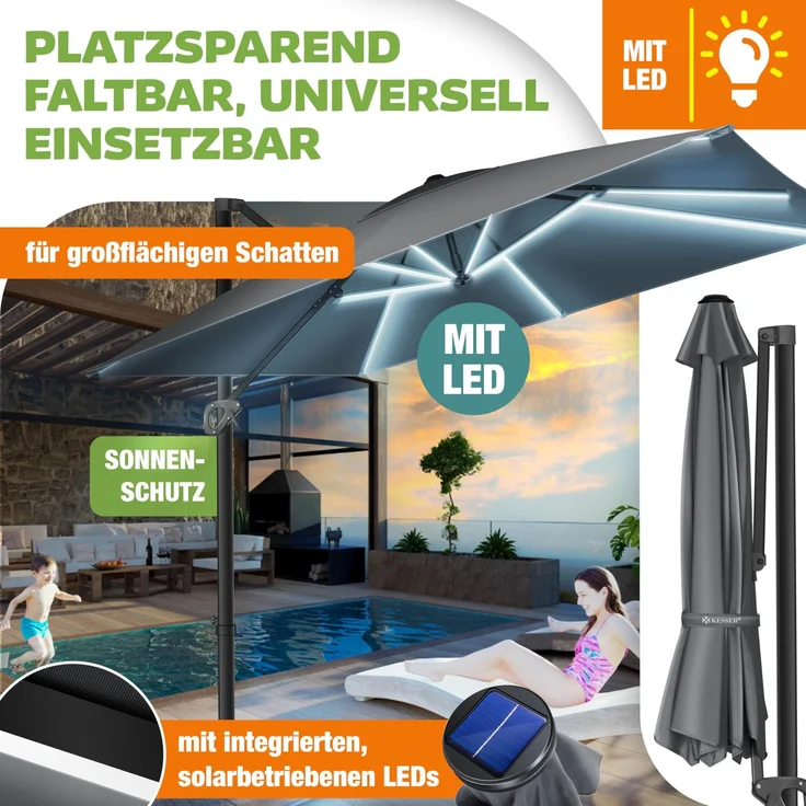 KESSER® Sonnenschirm Ampelschirm SUN XL 300 x 300 cm Inkl. Abdeckung +Windsicherung Drehbar Neigbar Kippbar Marktschirm Groß 360° Rotation, Gartenschirm mit Kurbel Sonnenschutz UV50+ Anthrazit, Mit LED – Bild 4