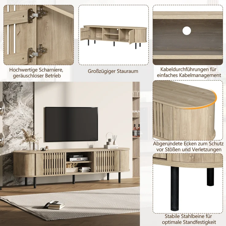 TV-Schrank Lowboard aus MDF mit durchbrochenem Holzdesign & 5 Beinen, für bis zu 65 Zoll, 160x40x47 cm, Naturholz – Bild 7