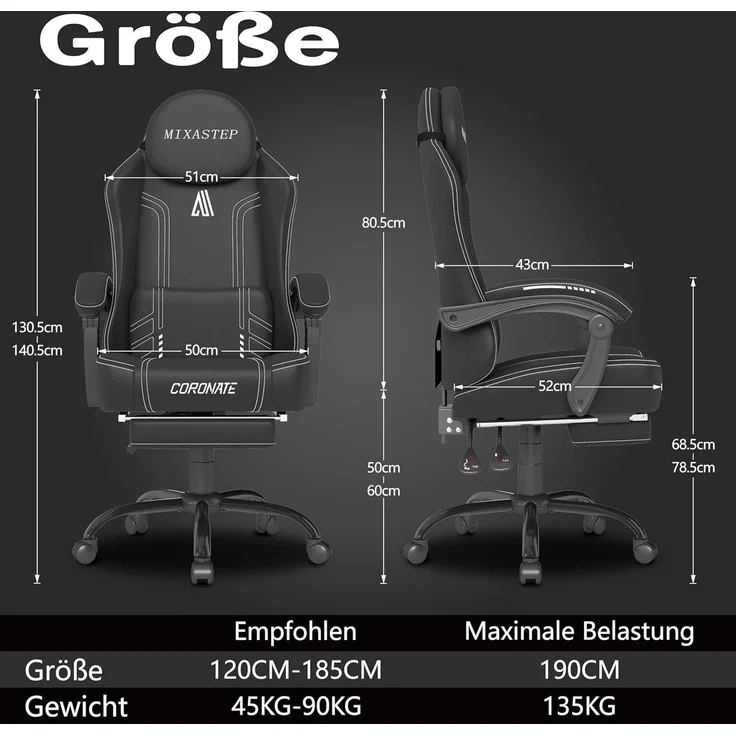 Ergonomischer Gaming Stuhl mit Verstellbarer Rückenlehne in Weiß - Bürostuhl – Bild 3