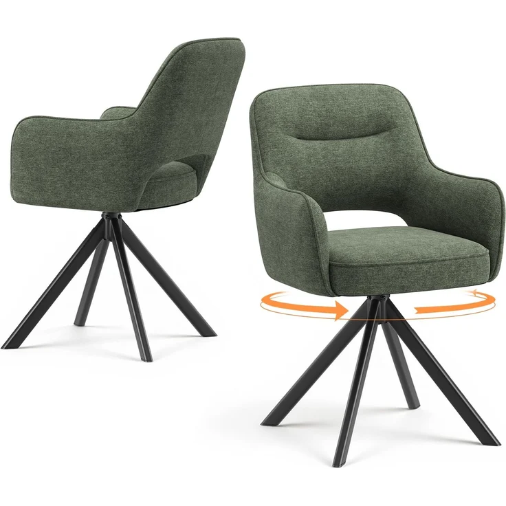 COLAMY Drehbare Esszimmerstühle 2er Set mit Armlehnen, Drehbare Polsterstühle für Küche & Esszimmer aus weichem Florstoff mit Metallgestell und Rückenlehne, für Esszimmer, Küche, Büro,Grün