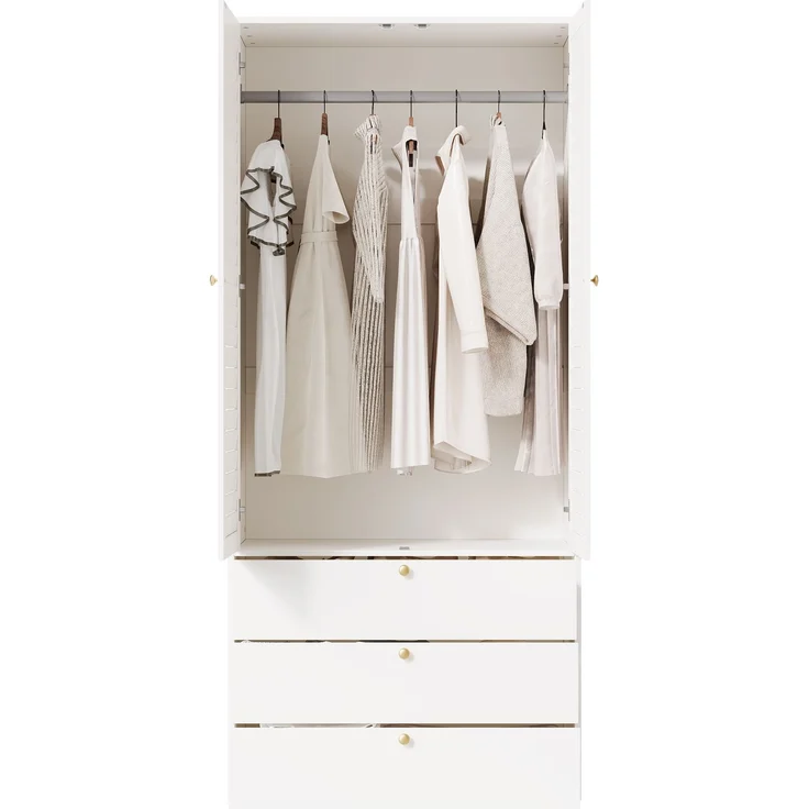 CHICFURN Kleiderschrank 90x200x50 cm aus Holzwerkstoff mit Lamellentüren und 3 Schubladen – Weiß – Bild 6