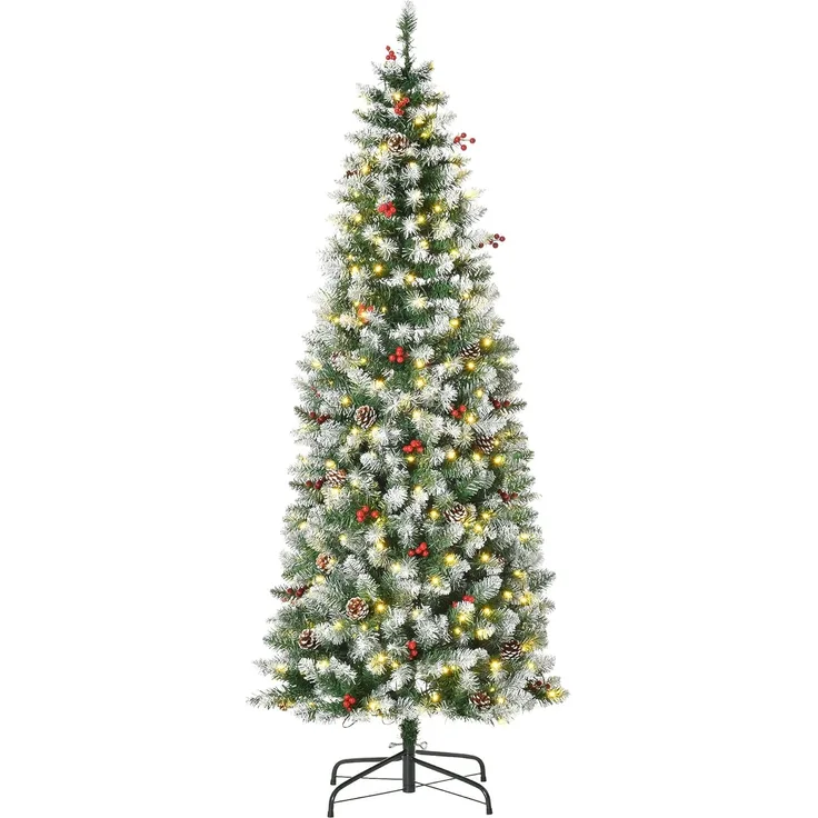 HOMCOM Künstlicher Weihnachtsbaum Vorbeleuchteter Weihnachtsbaum, Tannenbaum, mit LED-Lichter Kunsttanne, Grün+Weiß Ø65x180 cm