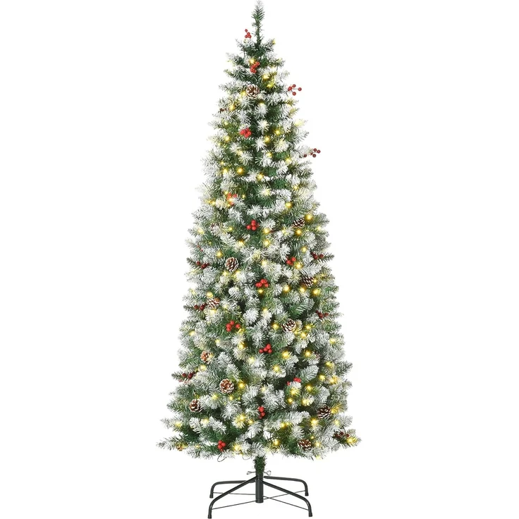HOMCOM Künstlicher Weihnachtsbaum Vorbeleuchteter Weihnachtsbaum, Tannenbaum, mit LED-Lichter Kunsttanne, Grün+Weiß Ø65x180 cm – Bild 1