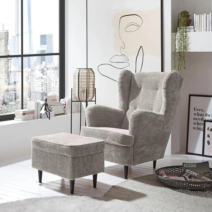 OSKAR Ohrensessel mit geknöpfter Polsterung, Taupe - Vintage Wohnzimmer Sessel mit Massivholz Füßen - 78 x 102 x 98 cm (B/H/T) – Bild 5