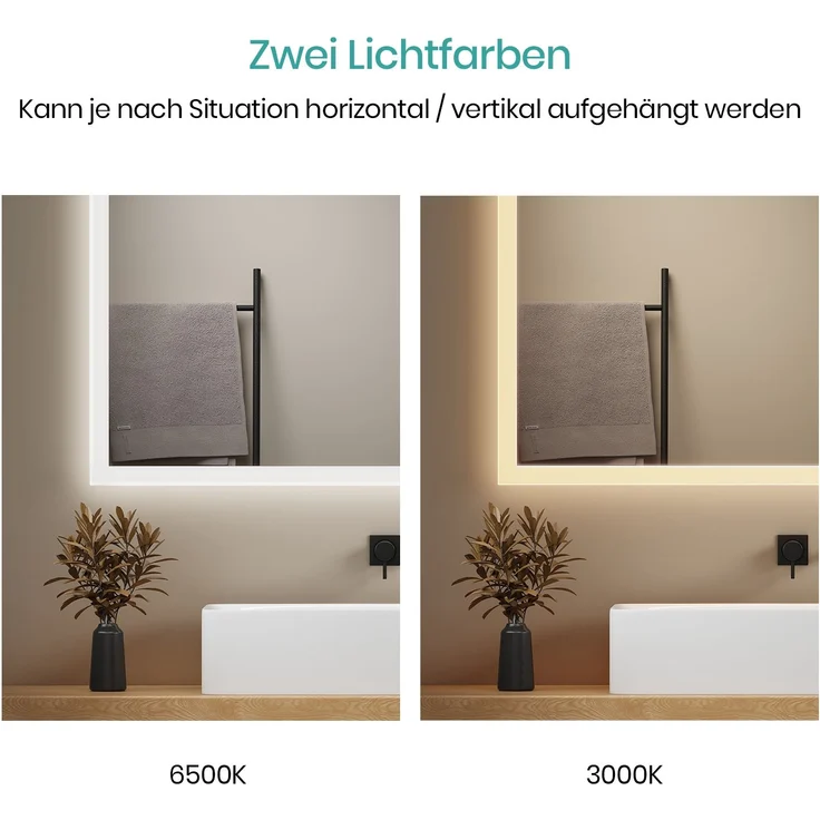 EMKE Badspiegel mit Beleuchtung, 120x60cm, Kaltweißes/Warmweißes Licht, Knopfschalter, Beschlagfrei, Speicherfunktion – Bild 3