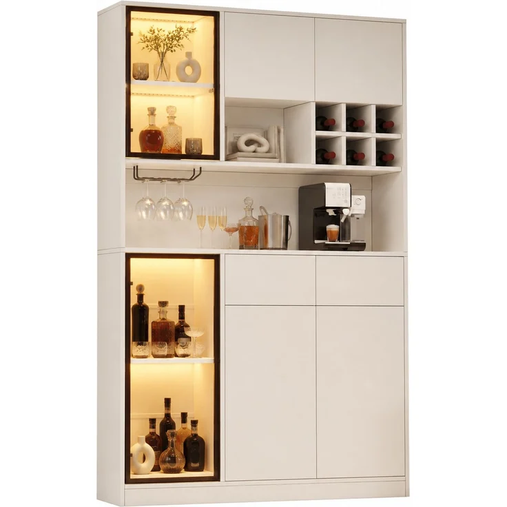 Hochschrank 120 x 33 x 200 cm in Weiß mit LED-Beleuchtung, Glastüren und Schubladen – Bild 6