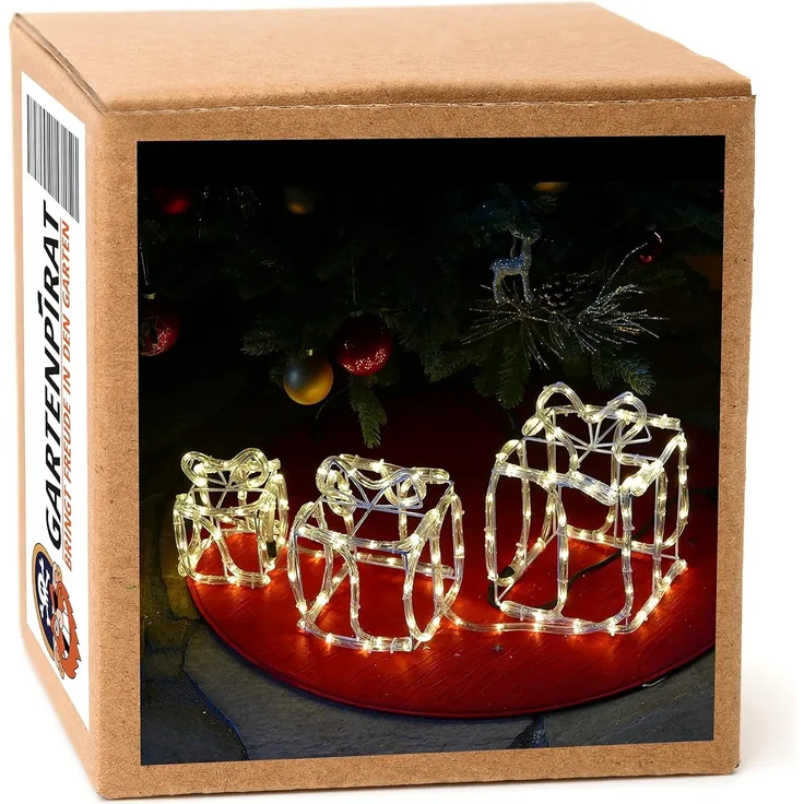Gartenpirat LED Dekofigur Geschenkboxen 3er-Set Drahtgestell mit Lichtschlauch Weihnachtsdeko