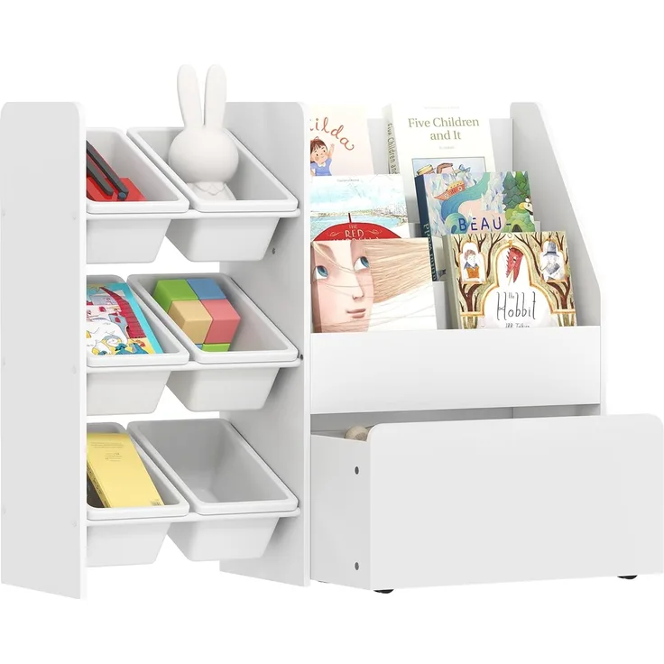 AIYAPLAY Spielzeugtruhe mit 6 herausnehmbaren Aufbewahrungsboxen, Bücherablage, rollbarer Box (Kinderregal, 1 St, Kinder-Bücherregal), mit Rädern, für Kinderzimmer, Spielzimmer, 100x30x80 cm, Weiß