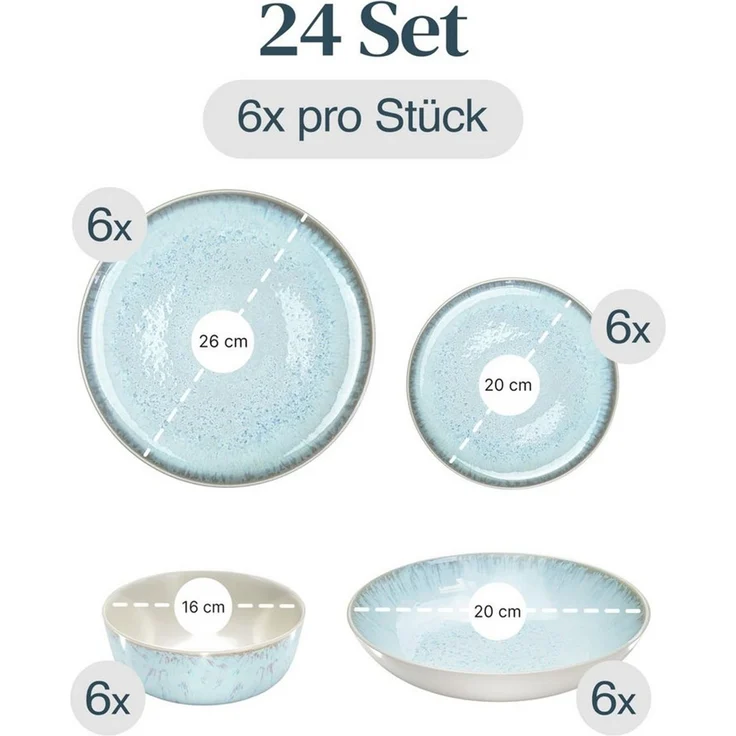 PURE LIVING INTERIOR DESIGN Geschirr-Set Steingut Geschirrset 6 Personen Ibiza 24 tlg. TESTSIEGER, Traumhaftes (24-tlg), 6 Personen, Steingut, Mediterrane Handwerksoptik, Reaktive Glasur – jedes Stück einzigartig… – Bild 2
