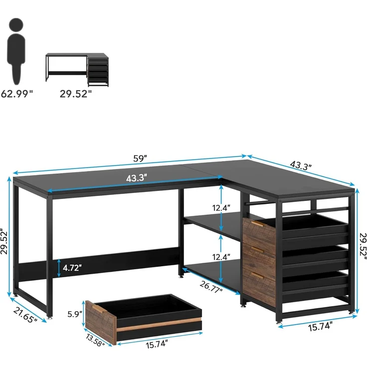 LITTLE TREE 59-Zoll-L-förmiger Schreibtisch mit Schubladen, großer Computertisch mit Ablagefächern, umkehrbarer L-förmiger Eckschreibtisch für das Homeoffice – Bild 3