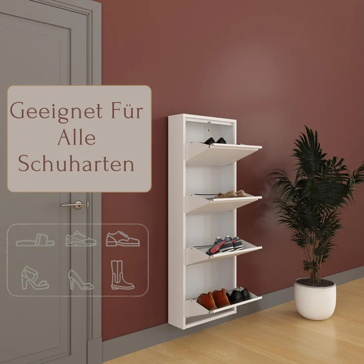 Schuhkipper Metall 50 x 15 x 136 cm, 4 Klappen, weiß RAL 9003 – Bild 1