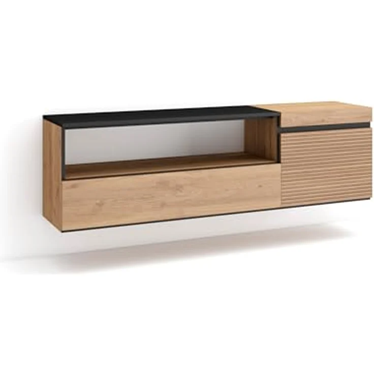 Skraut Home | TV-Schrank, Lowboard | für Wohnzimmer und Esszimmer | 150x45x35cm | Für TV-Geräte bis zu 65" | Hängend | Moderner Stil | Eiche – Bild 1