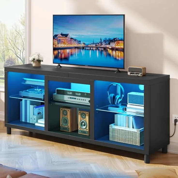 YITAHOME TV Schrank, Lowboard für 65 Zoll & kleinere TVs mit RGB LED-Beleuchtung, 148cm TV Board mit verstellbaren Glasböden, integriertes Kabelmanagement, Fernsehtisch für Wohnzimmer (Schwarz) – Bild 1