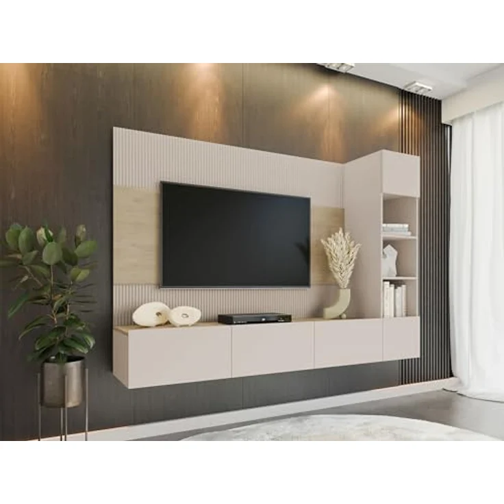 Mirjan24 Wohnwand, Beige, Holzwerkstoff, 220x150x38 cm, mit griffloses Öffnungssystem und Gasdruckfeder – Bild 2