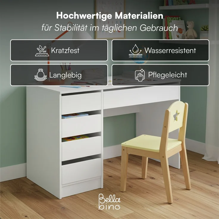 Bellabino 'Nore' Kinderschreibtisch mit 5 Schubladen, beidseitig montierbar, weiß, 75x53x110 cm, Jugendschreibtisch mit Stauraum – Bild 5