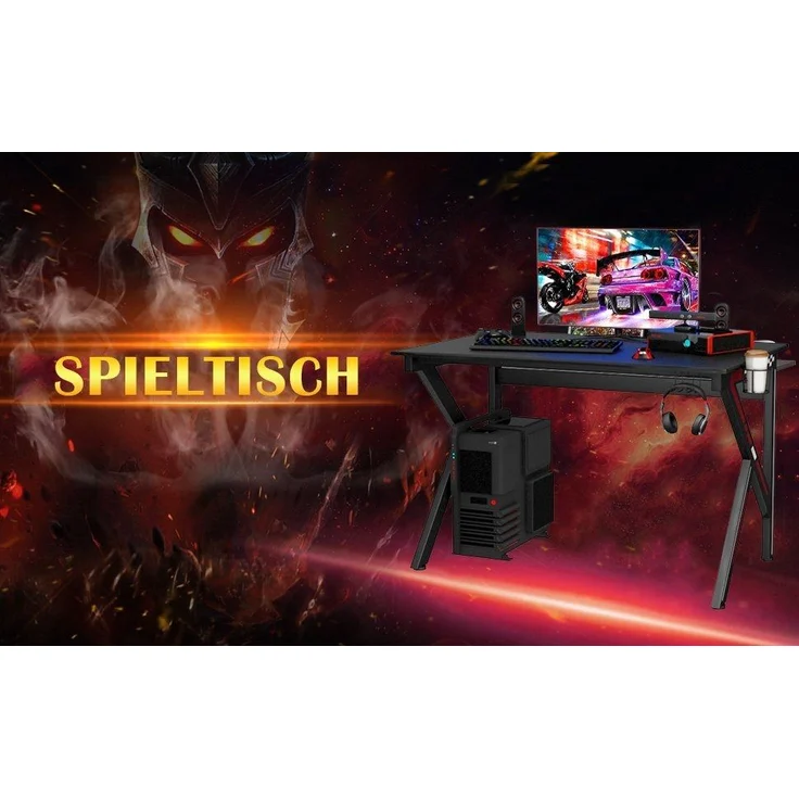 COSTWAY Gaming Tisch 115 cm, K-f?rmiger Gamingtisch mit Kopfh?rerhaken & Tassenhalter & Kabelmanagement, ergonomischer Computertisch mit verstellbaren Fü?en, Schreibtisch PC Tisch für E-Sport, Stahl – Bild 3