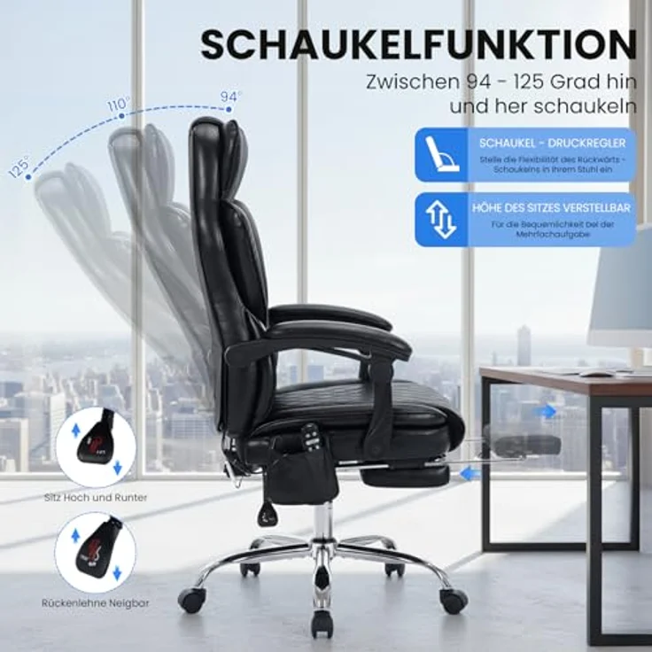 COLAMY Bürostuhl Ergonomisch mit Massagefunktion, Ergonomischer Schreibtischstuhl mit Heizfunktion, Chefsessel mit Fußstütze, 360° Drehstuhl, 94-125° Verstellbarer Rückenlehne, für Office, Schwarz – Bild 8