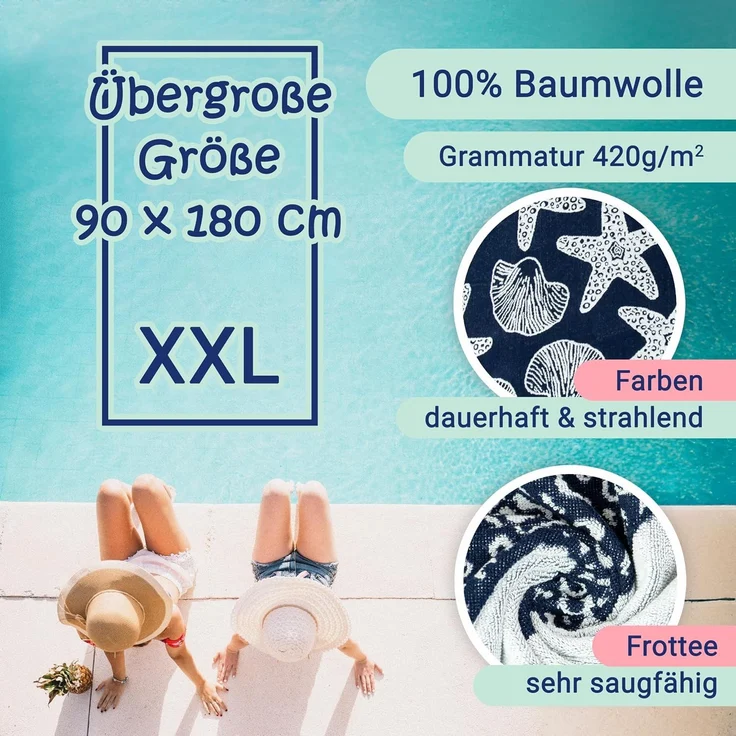 ZOLLNER Strandlaken, 100% Baumwolle, 90x180 cm, dunkelblau mit Meerestieren – Bild 3
