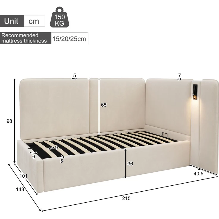 Merax Einzelbett, Kinderbett, Polsterbett 90x200 cm Daybett, mit hydraulischem Stauraum Aufladen Leselampe, Samt, beige – Bild 4
