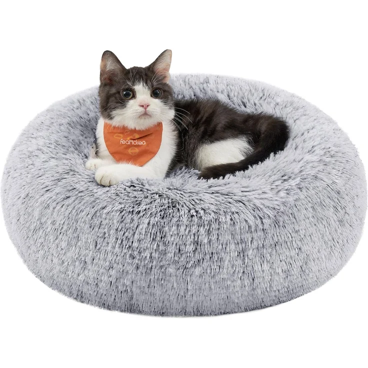 Feandrea Hundebett flauschig, Katzenbett, Donut Kissen, waschbar, Polsterung in der Mitte herausnehmbar, Langer Plüsch, 40 cm Durchmesser, Ombré-Grau PGW036G01