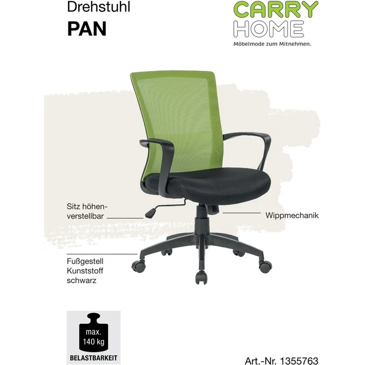 Carryhome 'PAN' Drehstuhl Stoff schwarz grün, 57 x 98 x 59 cm, 140 kg belastbar, höhenverstellbar – Bild 6