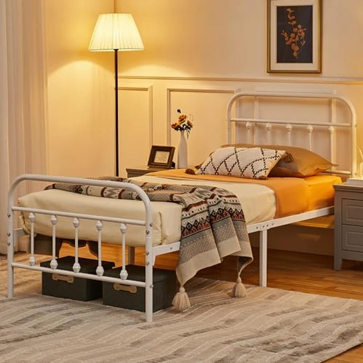 Yaheetech Bettrahmen Vintage Stil 90x200 cm Metallbett Bettgestell aus Metall mit Lattenrost, Modern Gästebett Jugendbett, Weiß – Bild 5