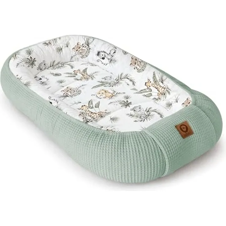 Babynestchen Neugeborene – Nestchen Baby aus Waffel Baumwolle & Baumwollstoff – Babynest für Babybett & Kinderbett – Baby Kokon Tragbar – OEKO-TEX – Zubehör für Babybett - Safari und Mint