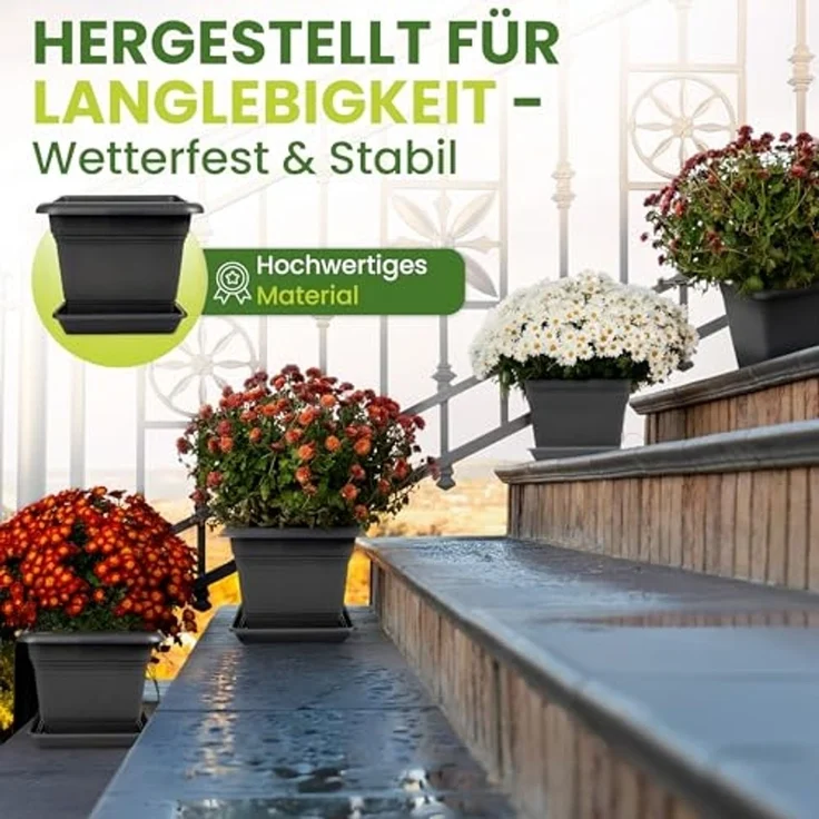 Centi Pflanzkübel Blumentopf Gross, Pflanzkübel Groß Außen mit Untersetzer (Spar Set, 6 St, 40*40cm eckig), Blumenkübel Pflanztöpfe Blumentöpfe Made in Germany, Anthrazit – Bild 4