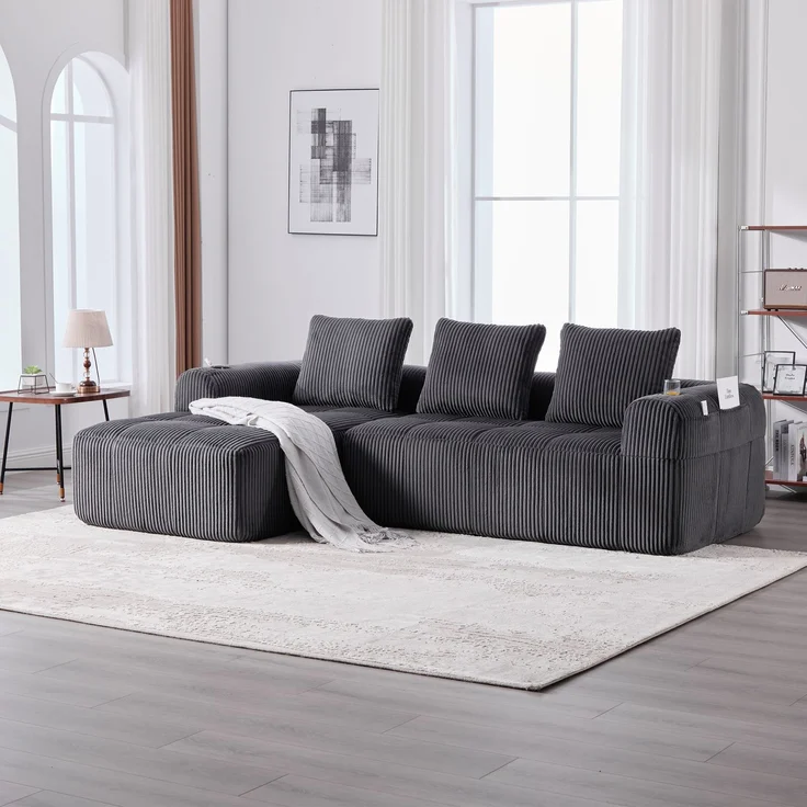 LVHOM Ecksofa 3 sitzer, Bodensofa mit Seitentaschen und Getränkehalter, Polstersofa aus Cordstoff, frei Kombination, Modulares Chaiselongue-Sofa-Set, 253x158x61 cm – Bild 10