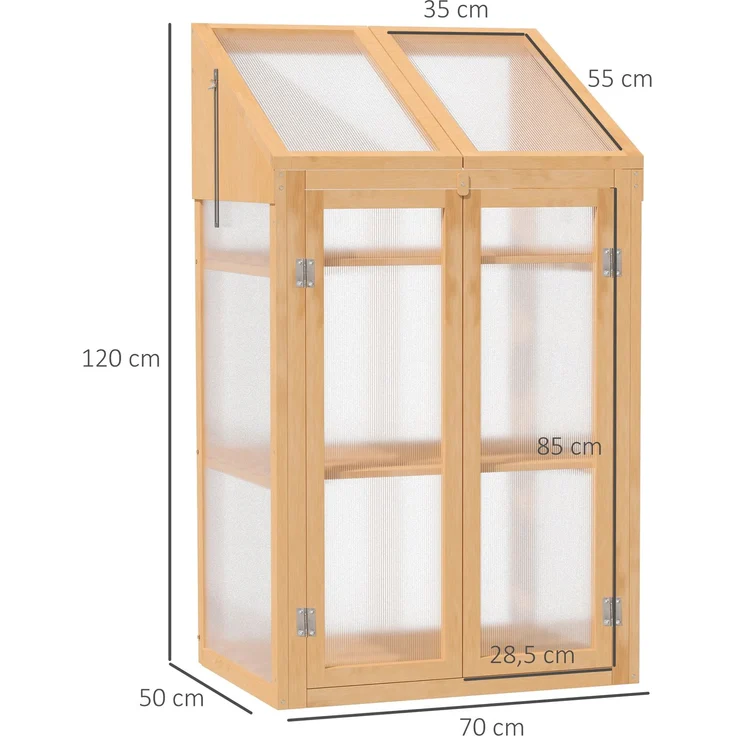 MELAYR, Mini-Gewächshaus, kleines Treibhaus mit Holzrahmen, Fenster und Doppeltür, 3 Regale, 70 x 50 x 120 cm, Braun – Bild 5