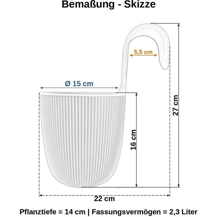 Engelland Blumentopf Blumentopf zum Hängen (Vorteils-Set, 3 St, Fassungsvermögen 2,3 Liter), UV-Beständig, Frostbeständig, Drainagesystem, ideal für Geländer/Zäune – Bild 3