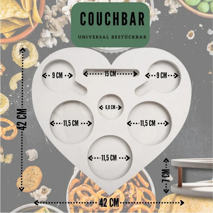PEGSEN Servierplatte Couchbar Snackbox Herz mit 4 Snackschalen Sofa Tablett, Birkenholz, (Geschenkset inkl. Geschenkkarton, 5-tlg, lebensmittelechte Glasschalen), passend für Kaffeetassen, Weingläser & 0,5l Flaschen