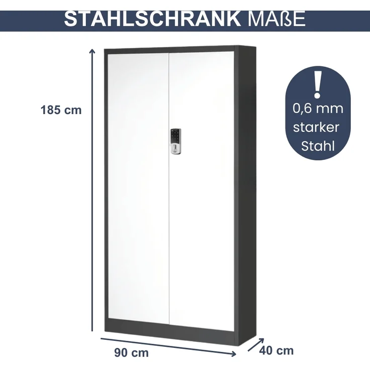 Metallschrank abschließbar ODIS - Zahlenschloss, 5 Ebenen | Aktenschrank Büroschrank Stahl Mehrzweckschrank Werkstatt Werkzeugschrank, 185x90x40cm Anthrazit-Weiß – Bild 2