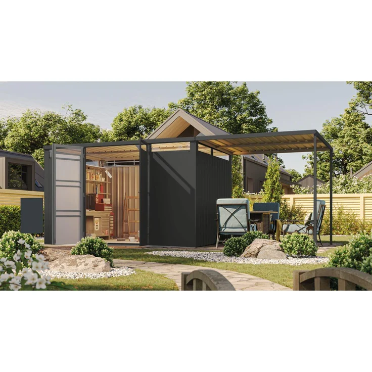 Metallgartenhaus Callisto 3 - 344x231 cm mit Anbaudach 2,25 m, Trapezblech anthrazit