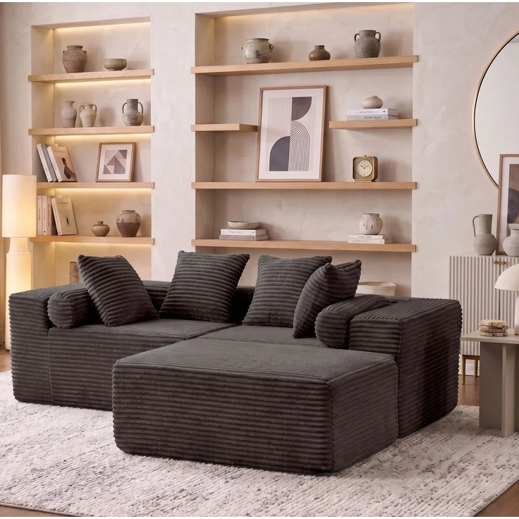 Modulares Ecksofa 266×110×60,01 cm in Schwarz – 3 frei kombinierbare Elemente mit Chaiselongue – Bild 2