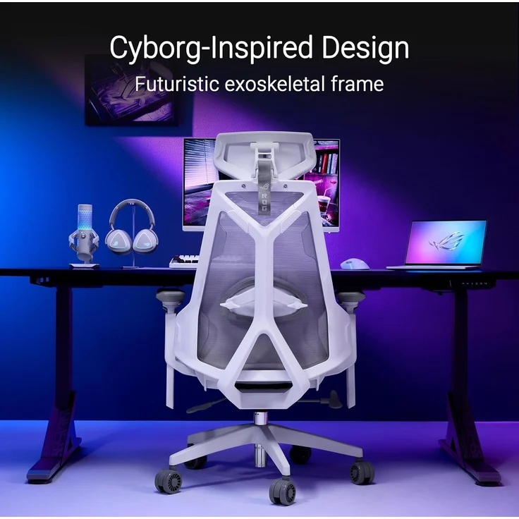 ASUS ROG Destrier Ergo Core White Gaming Stuhl (ergonomischer Gaming Chair, 360 Grad Armstützen mit bis zu 14cm Höhe für Mobile Gaming, Nylonrahmen, Mesh, Lendenwirbelstütze und Kopfstütze, Weiß) – Bild 2