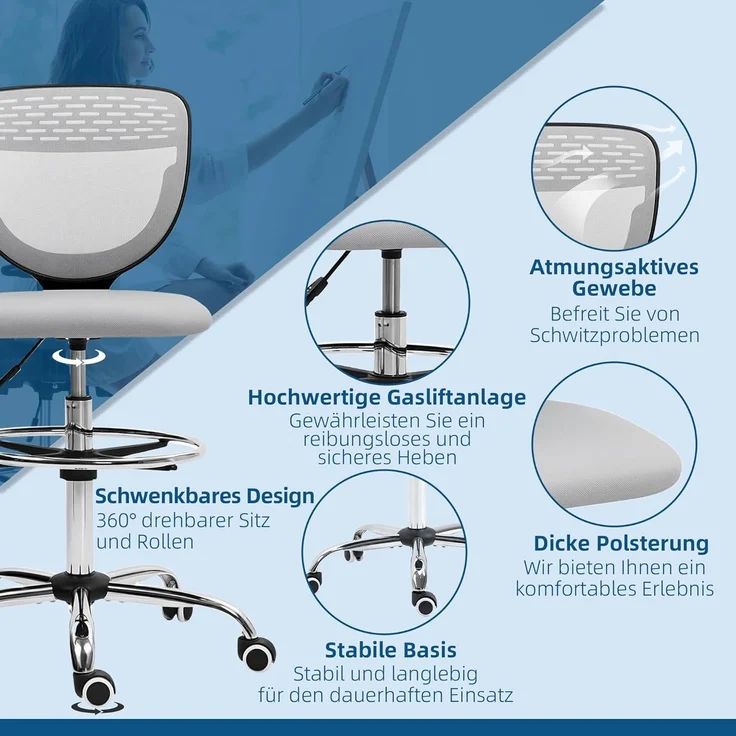 Vinsetto Bürostuhl Ergonomischer Schreibtischstuhl mit Verstellbarer Fußring, Höhenverstellbarer Computerstuhl mit Netzbespannung, Office Chair, Drehstuhl Hellgrau – Bild 8